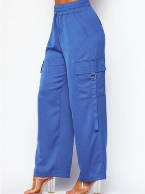 Royal Blue Cargo Wide-Leg Pants with Elastic Waist
